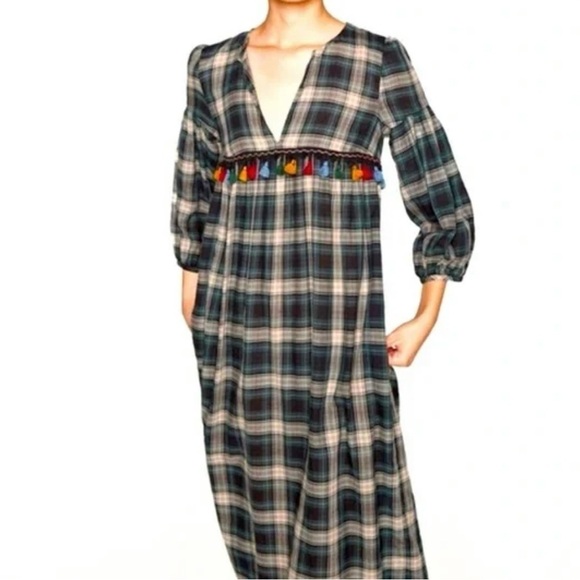 Zara Trafaluo Collection plaid tassel half sleeve size medium v-neck flowy dress - Picture 1 of 9